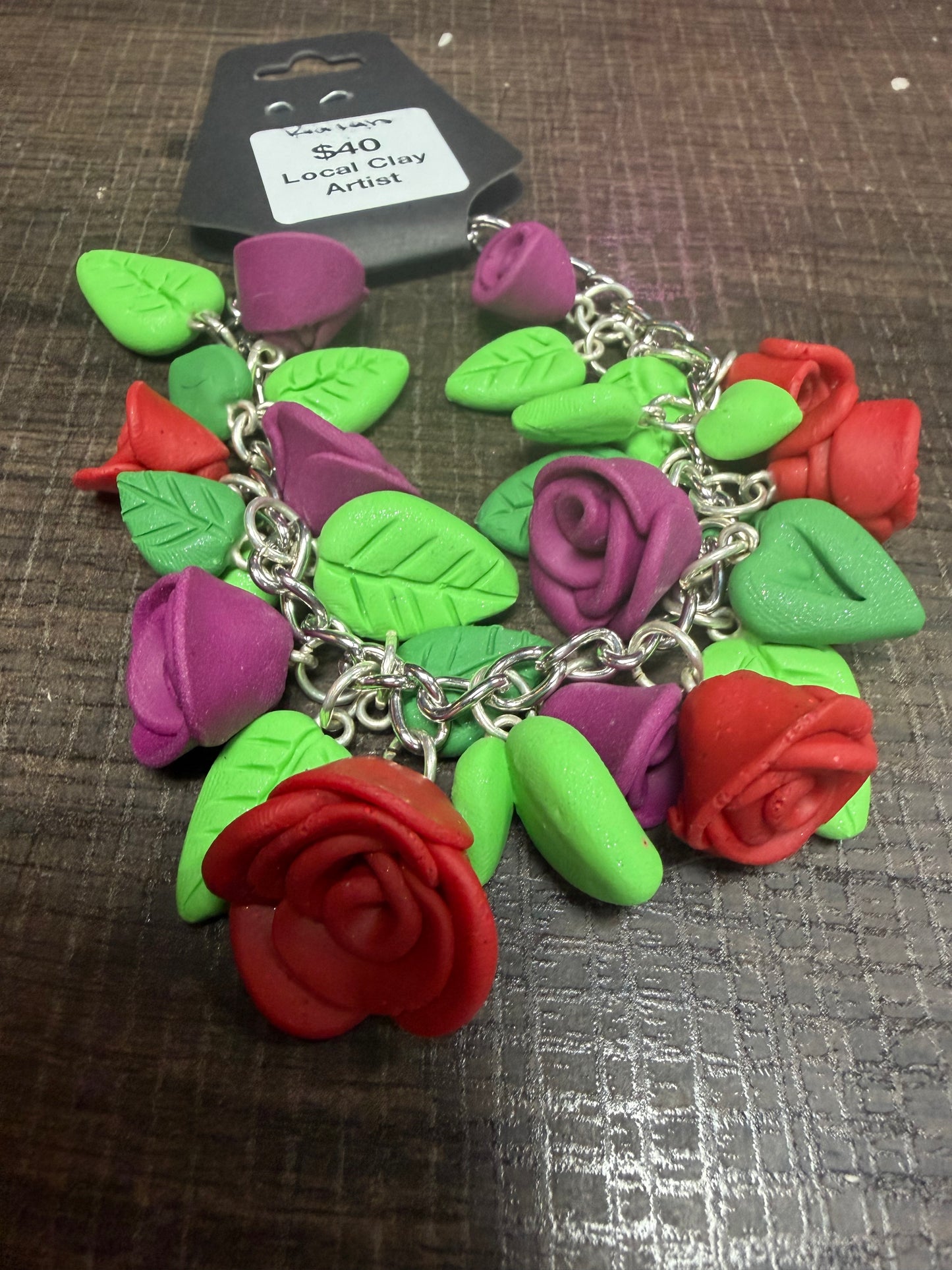Handmade- Hand Sculpted, Hand-Painted Rose Clay Bracelet- WTFCharms #20