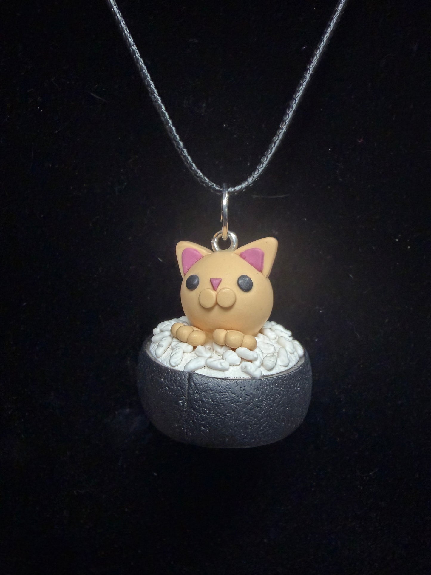 Handmade- Hand Sculpted, Hand-Painted Cat in a Bowl-White- Necklace- WTFCharms #10