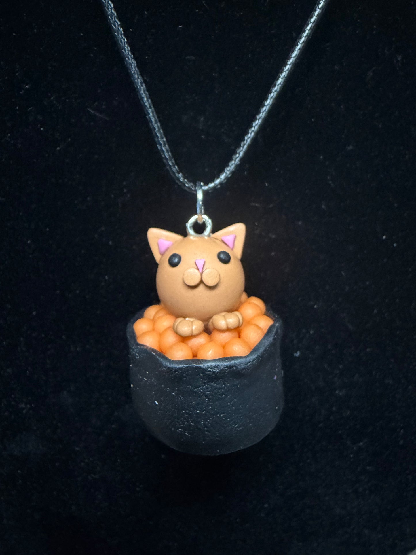 Handmade- Hand Sculpted, Hand-Painted Cat in a Bowl-Orange- Necklace- WTFCharms #10