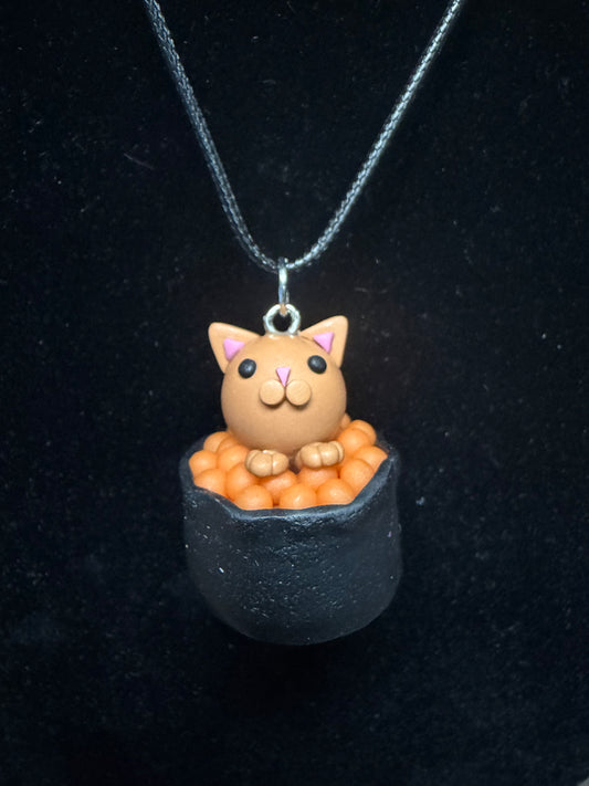 Handmade- Hand Sculpted, Hand-Painted Cat in a Bowl-Orange- Necklace- WTFCharms #10