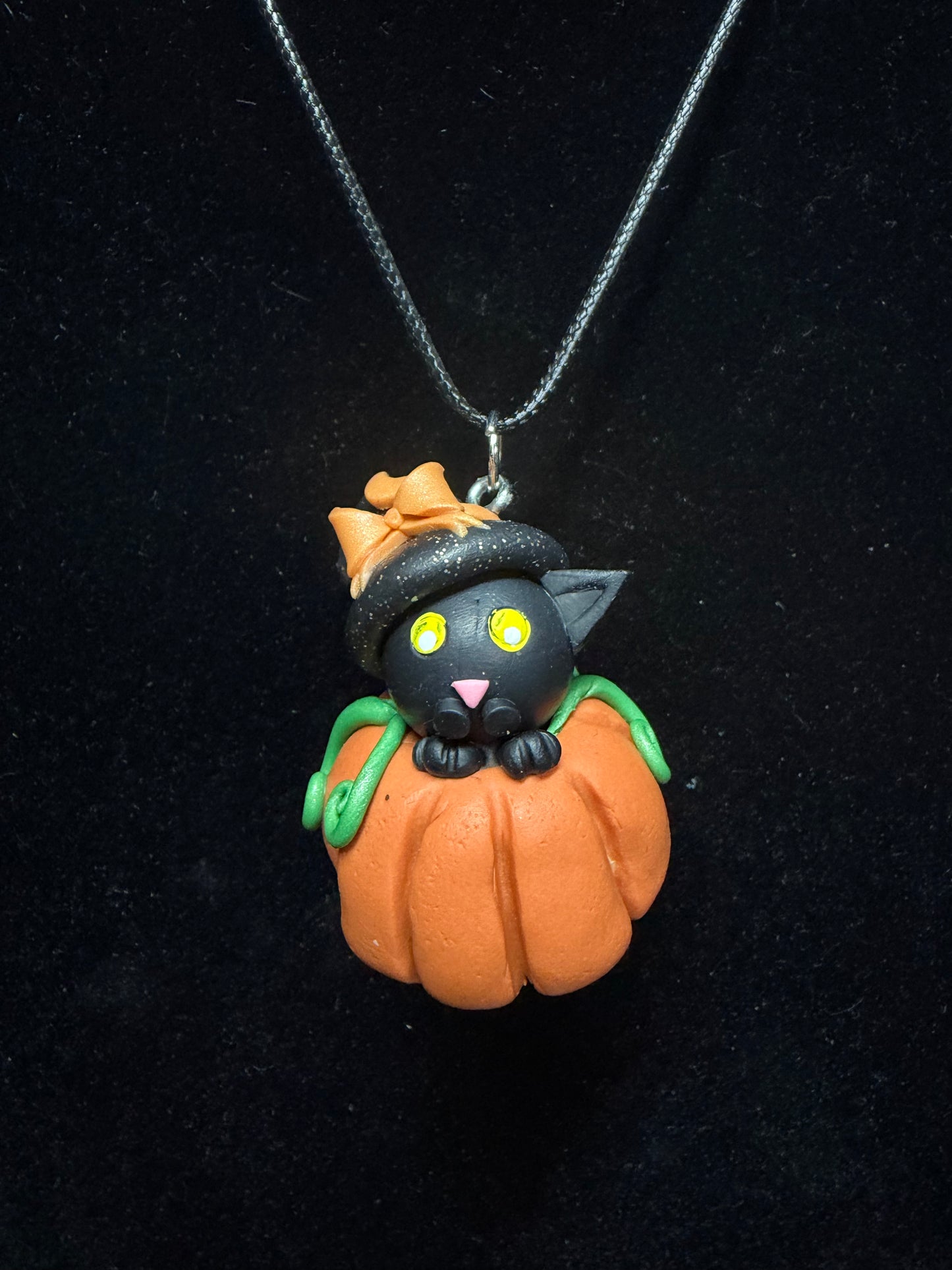 Handmade- Hand Sculpted, Hand-Painted Orange Bow Cat in a Pumpkin-Necklace- WTFCharms #10