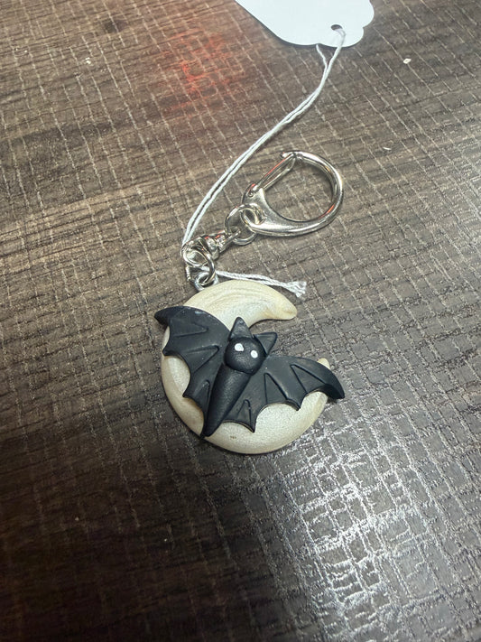 Handmade- Hand Sculpted, Hand-Painted Bat/Moon Keychain- WTFCharms #750