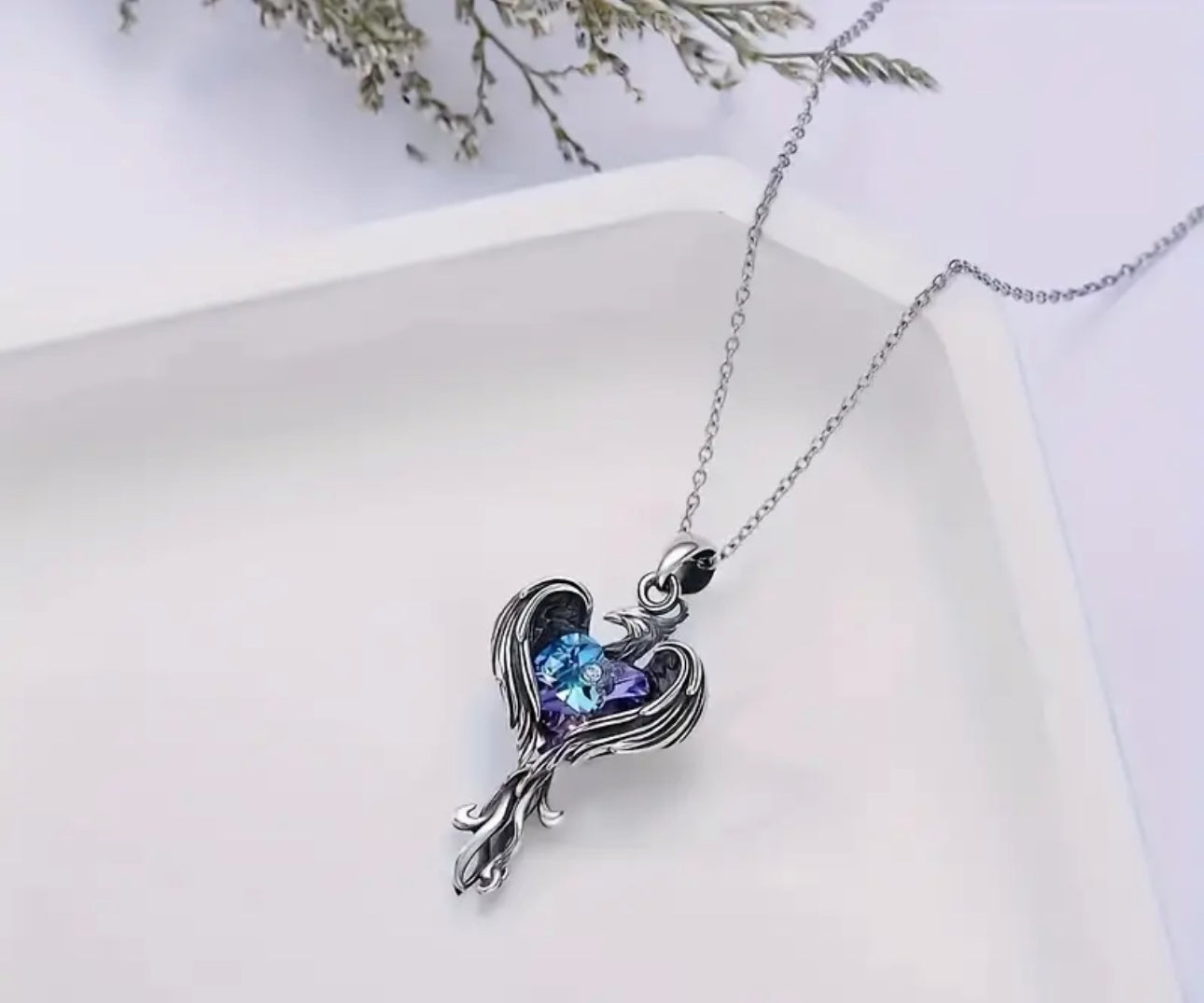 Iridescent Heart Phoenix Wing Necklace:
