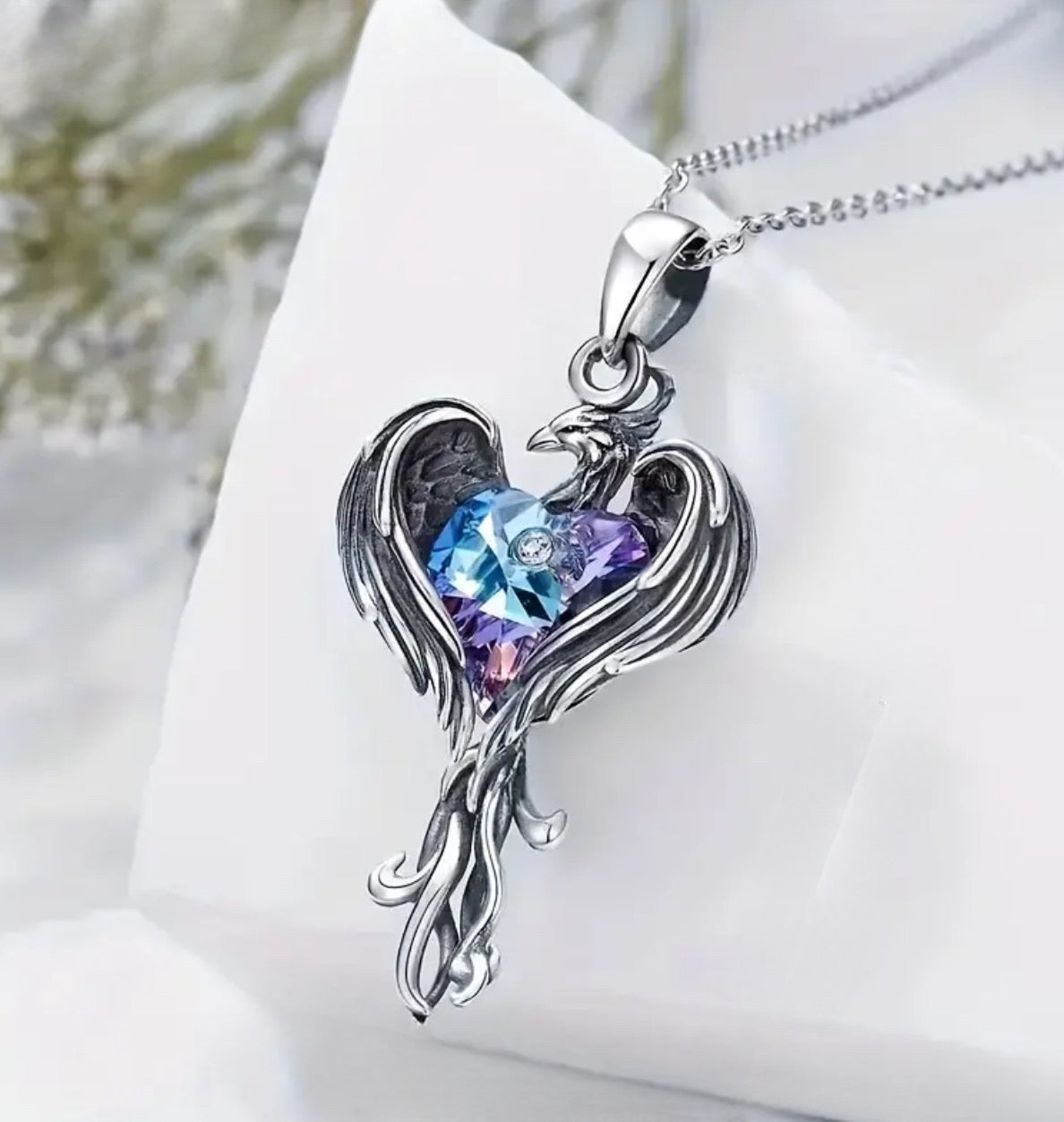Iridescent Heart Phoenix Wing Necklace:
