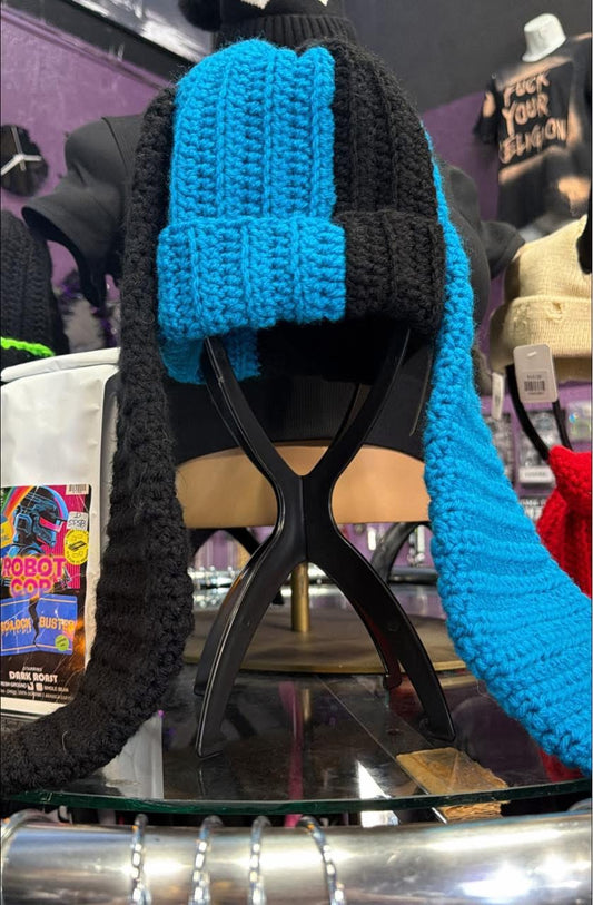 Local Artist- Crochet Beanie with Long Ears- Cerulean Blue/Black- Lorisa#20