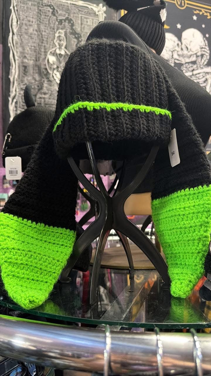 Local Artist- Crochet Beanie with Long Ears- Neon Green/Black- Lorisa#20