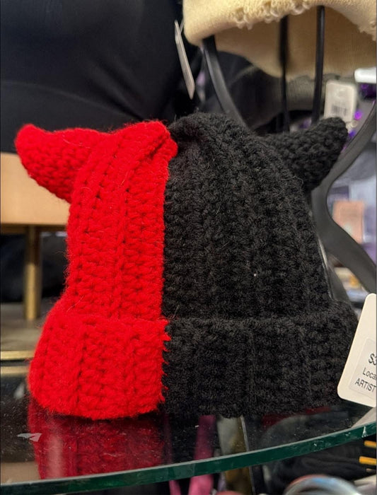 Local Artist- Crochet Beanie with Horns- Half Red/Black- Lorisa#15