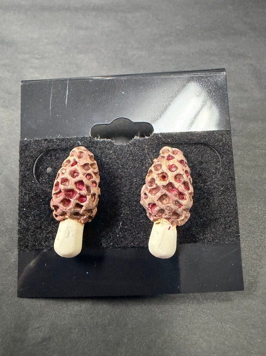 Handmade- Hand Sculpted, Hand-Painted Brown Mushroom Earrings- WTFCharms #750