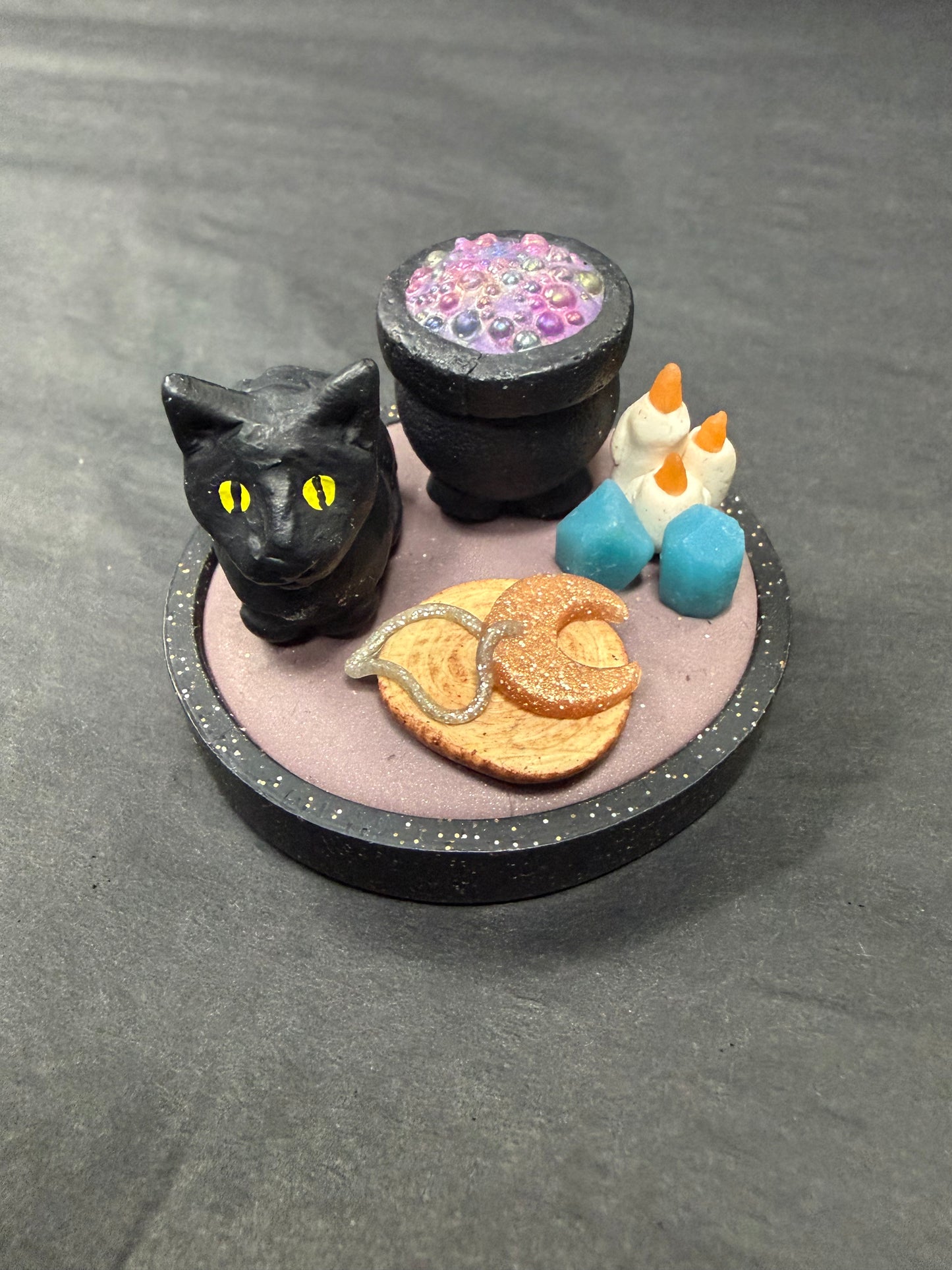 Handmade- Hand Sculpted, Hand-Painted Witchy Cat Mini Figurine- WTFCharms #1750