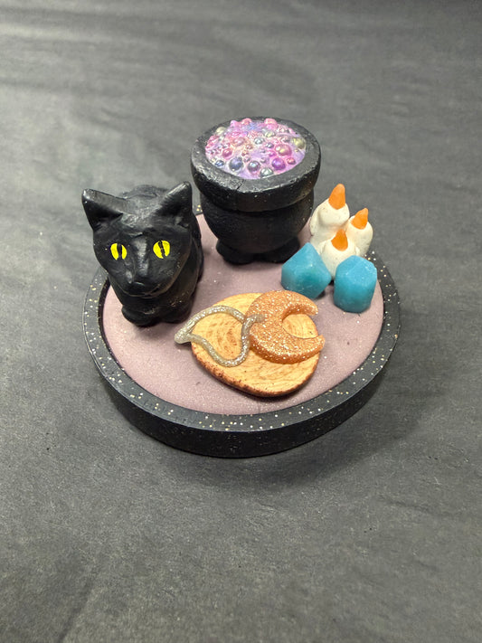 Handmade- Hand Sculpted, Hand-Painted Witchy Cat Mini Figurine- WTFCharms #1750