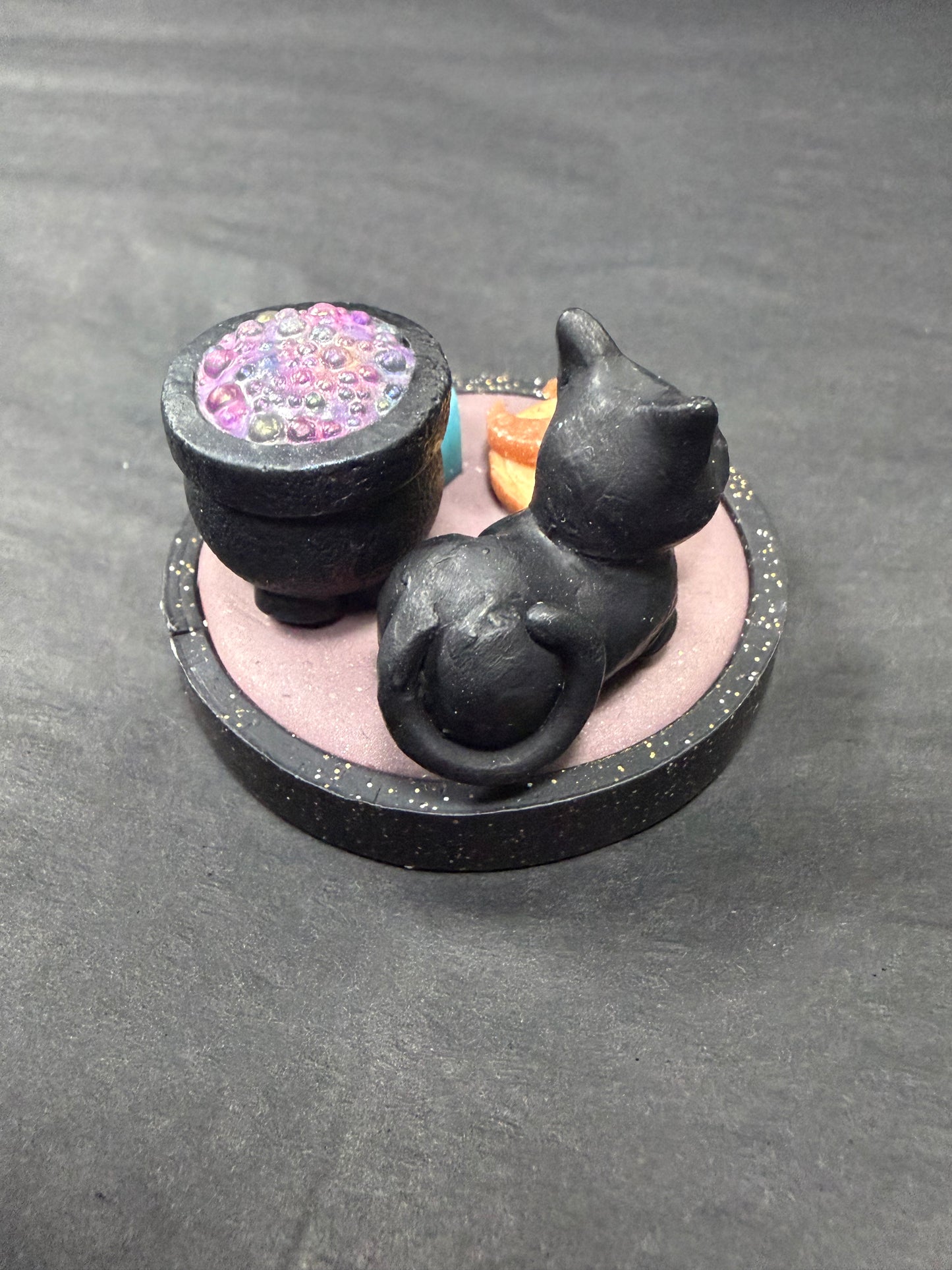 Handmade- Hand Sculpted, Hand-Painted Witchy Cat Mini Figurine- WTFCharms #1750