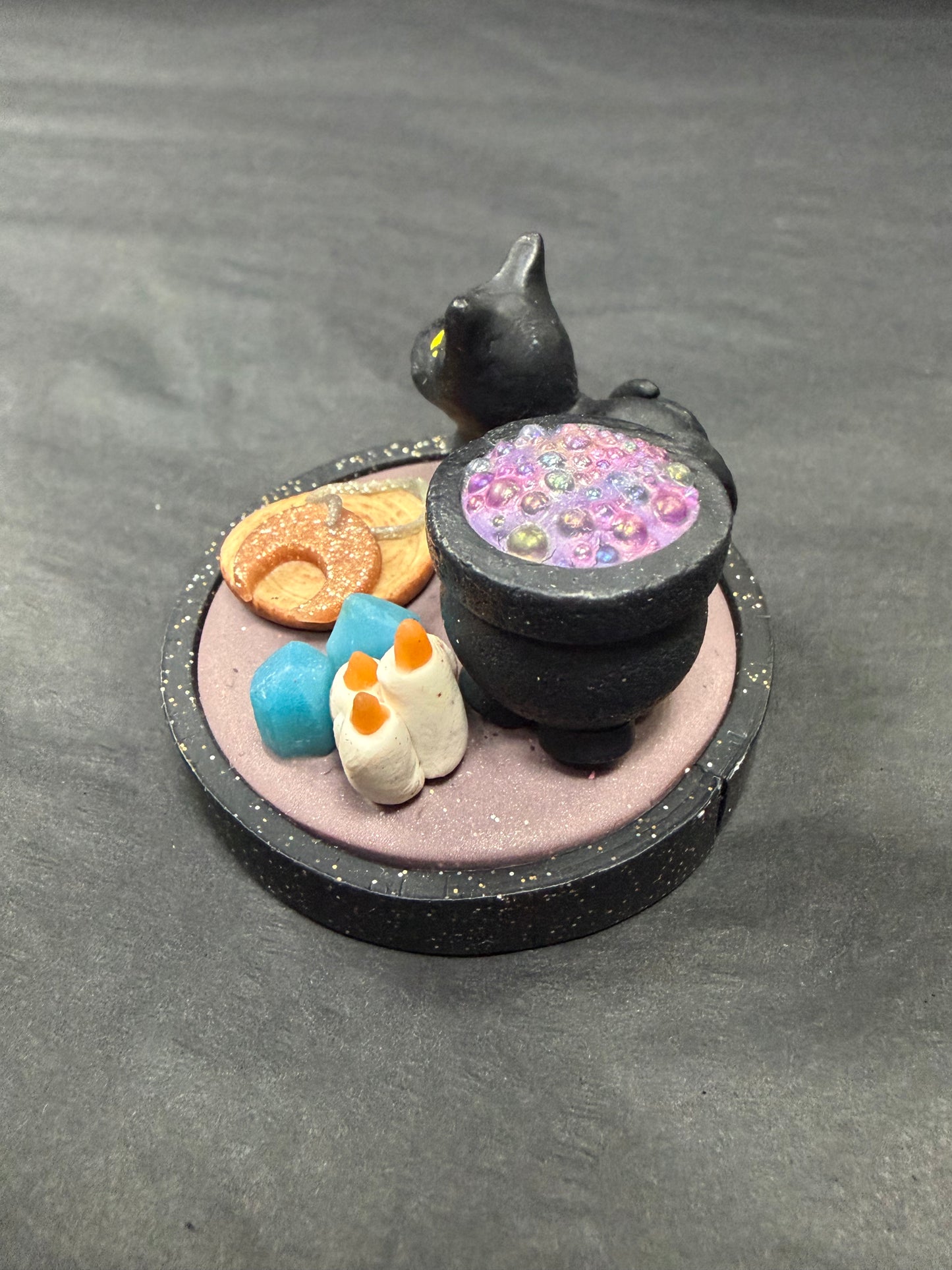 Handmade- Hand Sculpted, Hand-Painted Witchy Cat Mini Figurine- WTFCharms #1750
