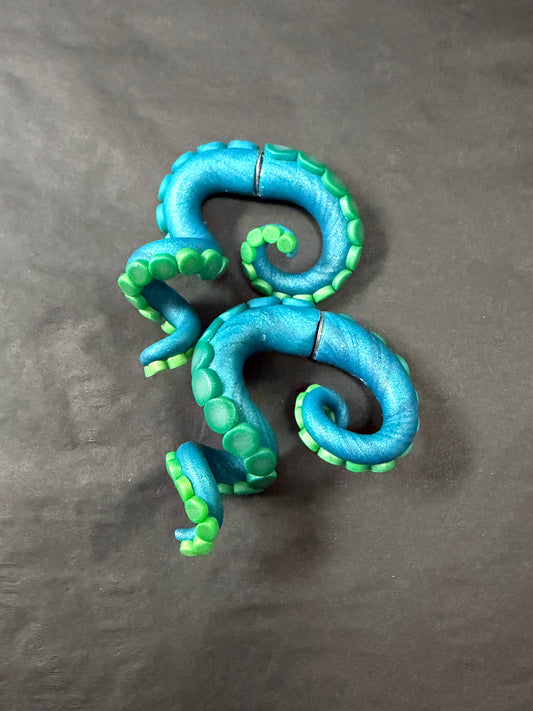 Handmade- Hand Sculpted, Hand-Painted Twisted Teal Green Tentacle Earrings- WTFCharms #1750