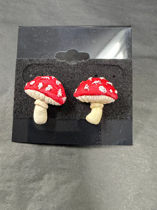 Handmade- Hand Sculpted, Hand-Painted Red Mushroom Earrings- WTFCharms #750