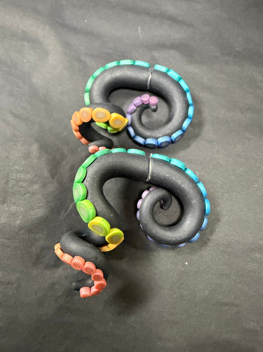 Handmade- Hand Sculpted, Hand-Painted Twisted Rainbow Tentacle Earrings- WTFCharms #1750