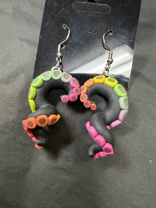 Handmade- Hand Sculpted, Hand-Painted Rainbow Tentacle Dangle Earrings- WTFCharms #10