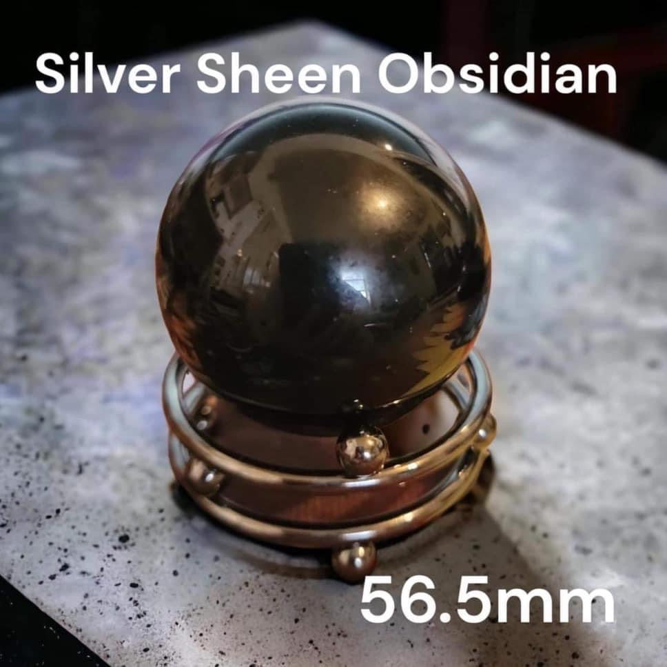 Black Silver Sheen Obsidian Sphere — 56.6 mm