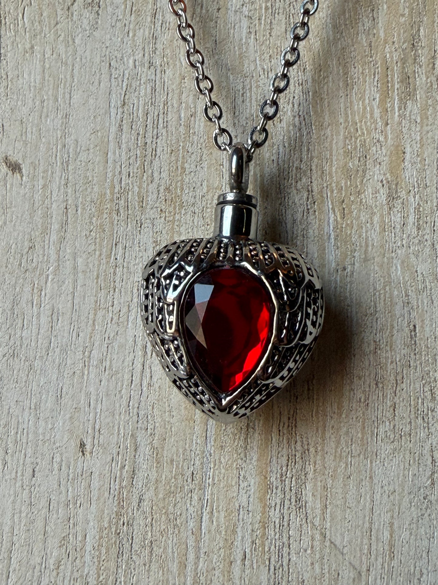 Red Stone Heart/Wings Stainless Steel Memorial Urn Cremation Keepsake Crystal Necklace