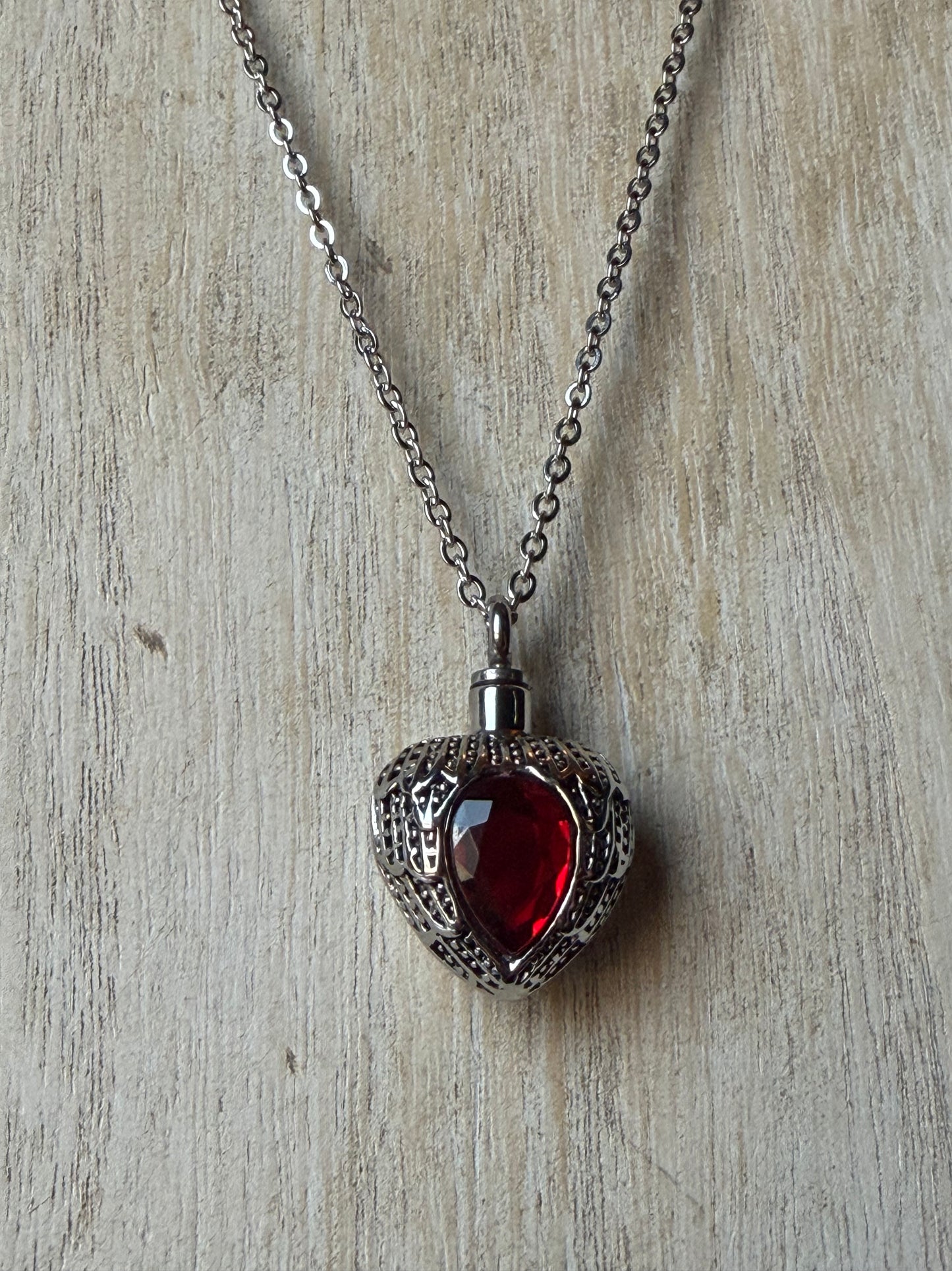 Red Stone Heart/Wings Stainless Steel Memorial Urn Cremation Keepsake Crystal Necklace