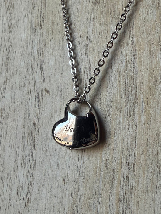 Dad "Forever in my heart" Lock Stainless Steel Memorial Urn Cremation Keepsake Crystal Necklace