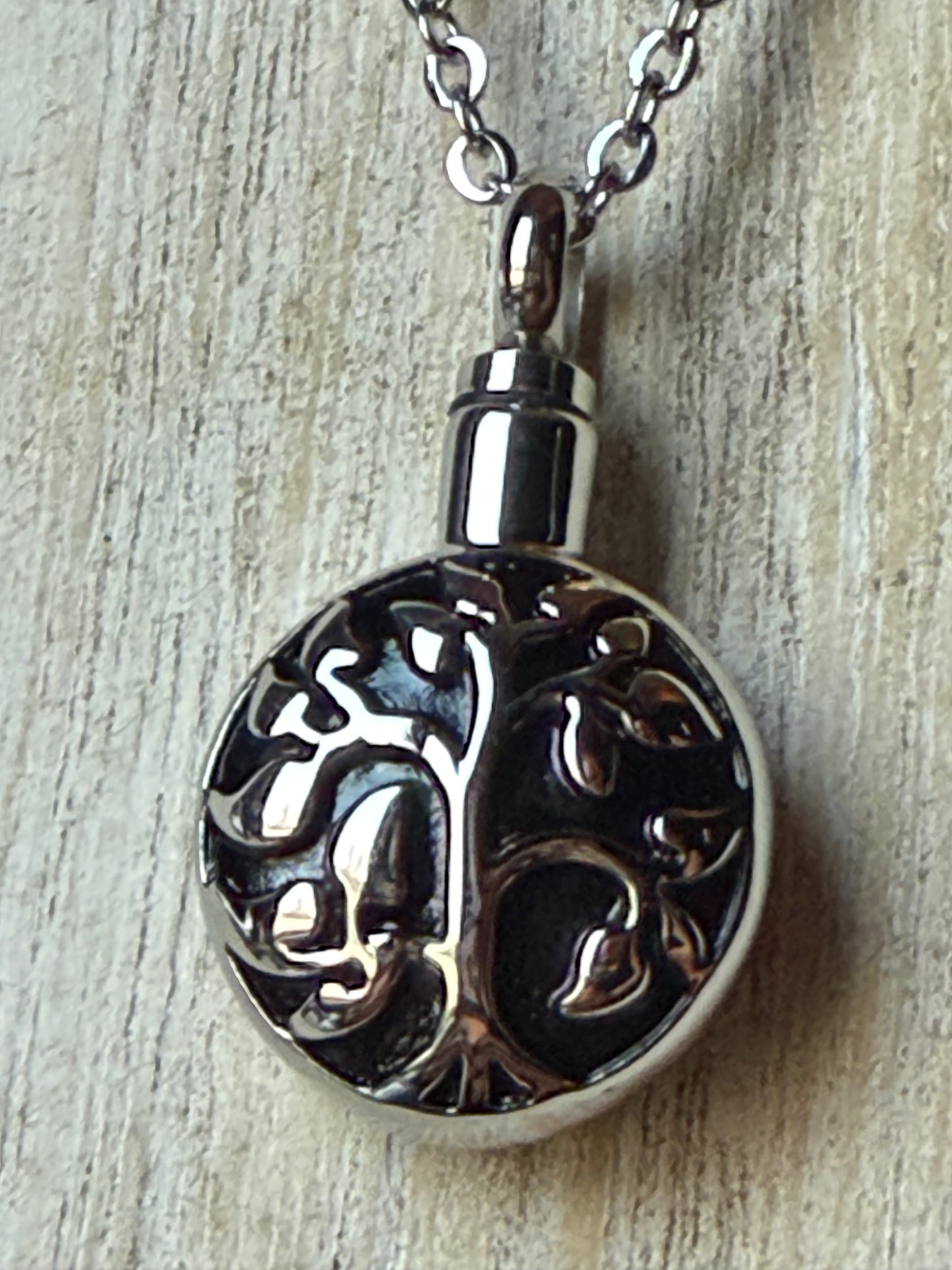Black and Silver Family Tree Stainless Steel Memorial Urn Cremation Keepsake Crystal Necklace