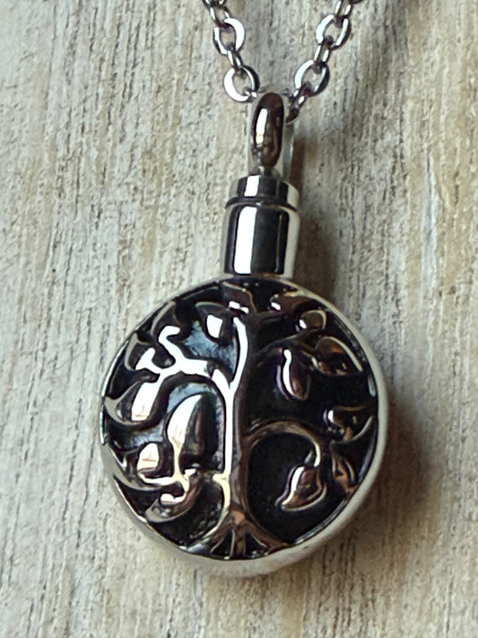 Black and Silver Family Tree Stainless Steel Memorial Urn Cremation Keepsake Crystal Necklace