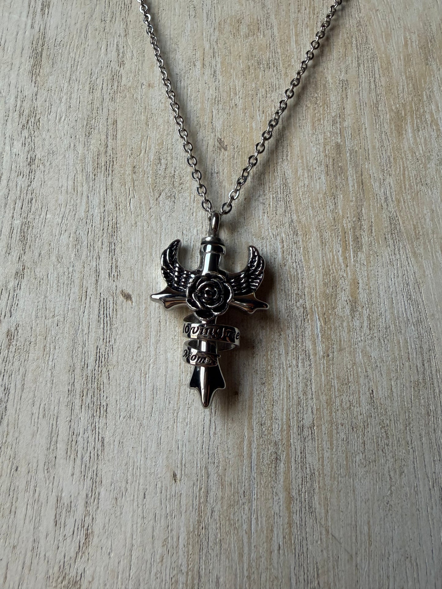 "In Loving Memory, Mom" Cross Wings Rose Stainless Steel Memorial Urn Cremation Keepsake Crystal Necklace