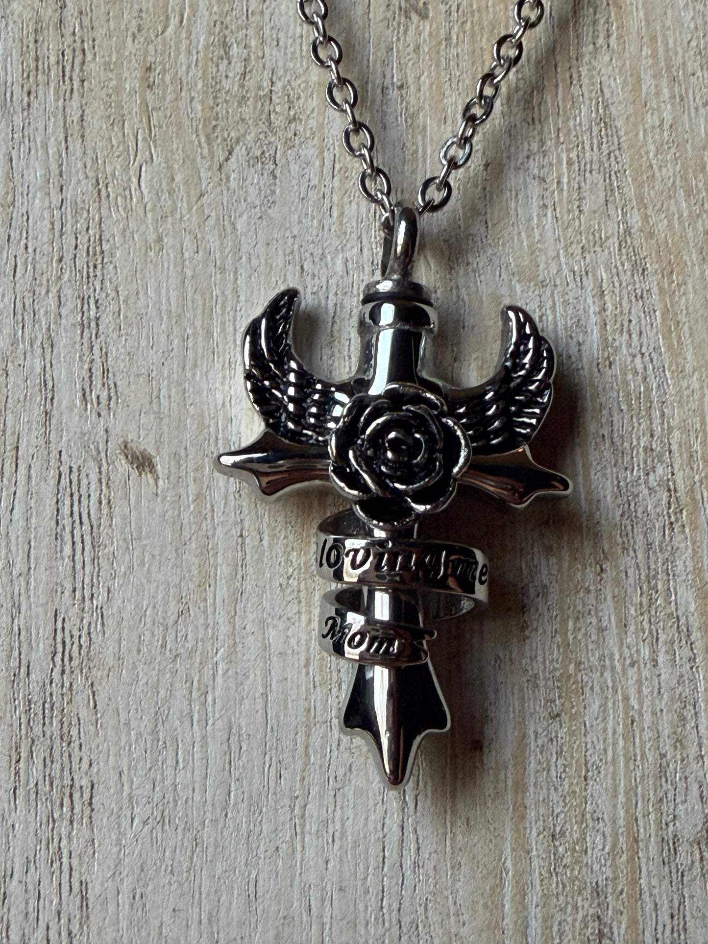 "In Loving Memory, Mom" Cross Wings Rose Stainless Steel Memorial Urn Cremation Keepsake Crystal Necklace