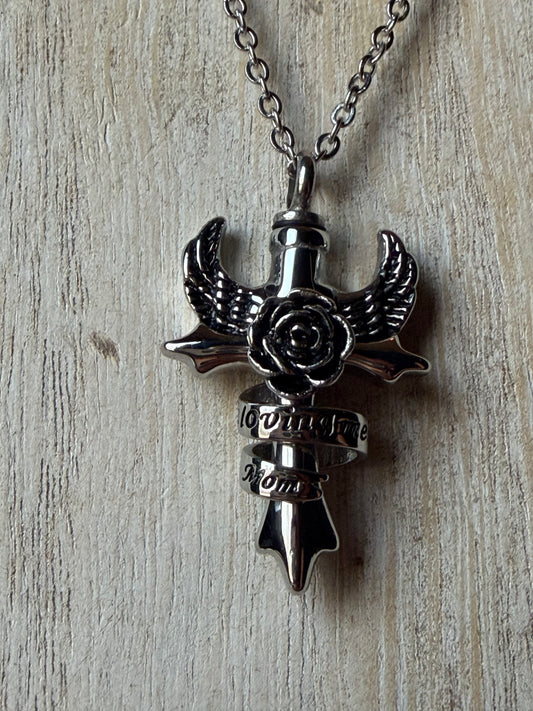 "In Loving Memory, Mom" Cross Wings Rose Stainless Steel Memorial Urn Cremation Keepsake Crystal Necklace