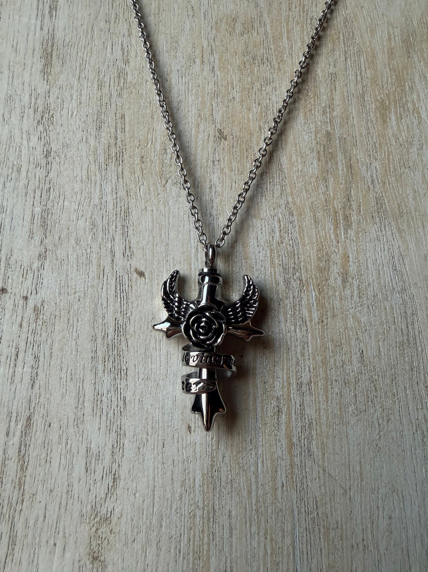 "In Loving Memory, Sister" Cross Wings Rose Stainless Steel Memorial Urn Cremation Keepsake Crystal Necklace