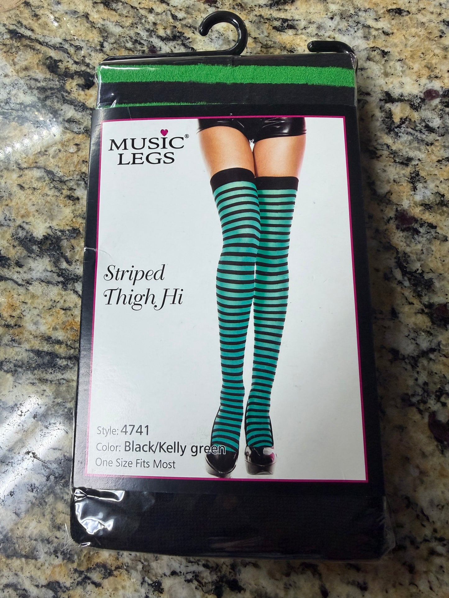 Music Legs- Black/Green Stripped Thigh Hi