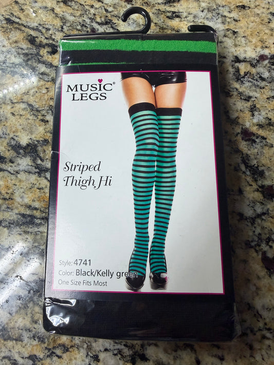 Music Legs- Black/Green Stripped Thigh Hi