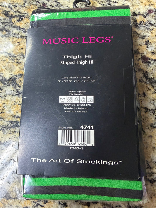 Music Legs- Black/Green Stripped Thigh Hi