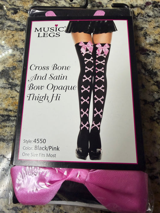 Music Legs- Cross Bone & Satin Bow Opaque Thigh Hi