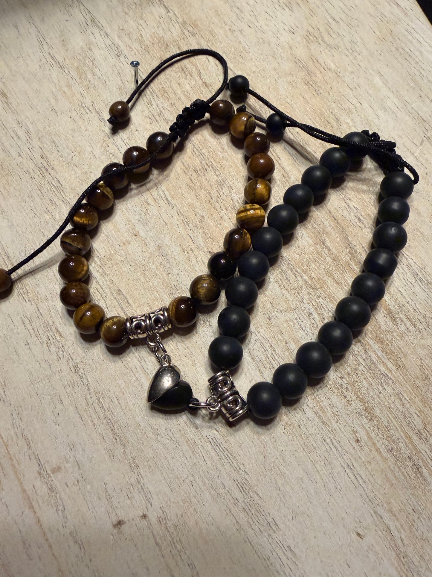 Magnetic Couples Bracelets — Natural Stone Tiger Eye and Matte Onyx