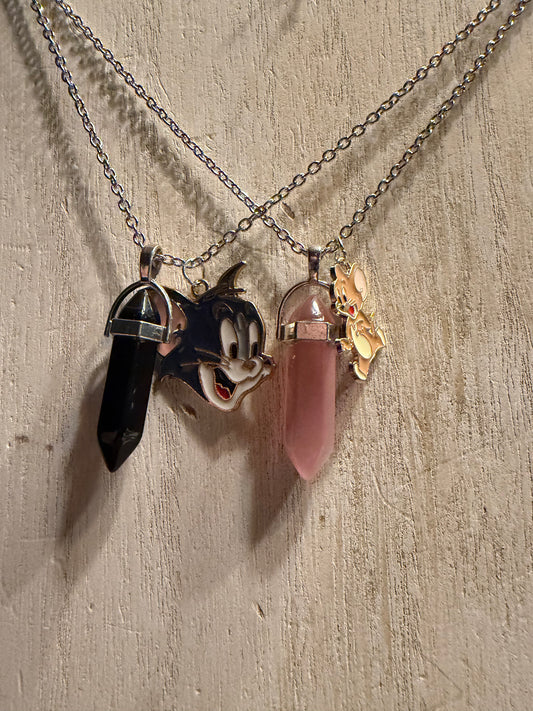 Best Friend/Couple Necklace Set — Tom & Jerry Onyx and Pink Crystal