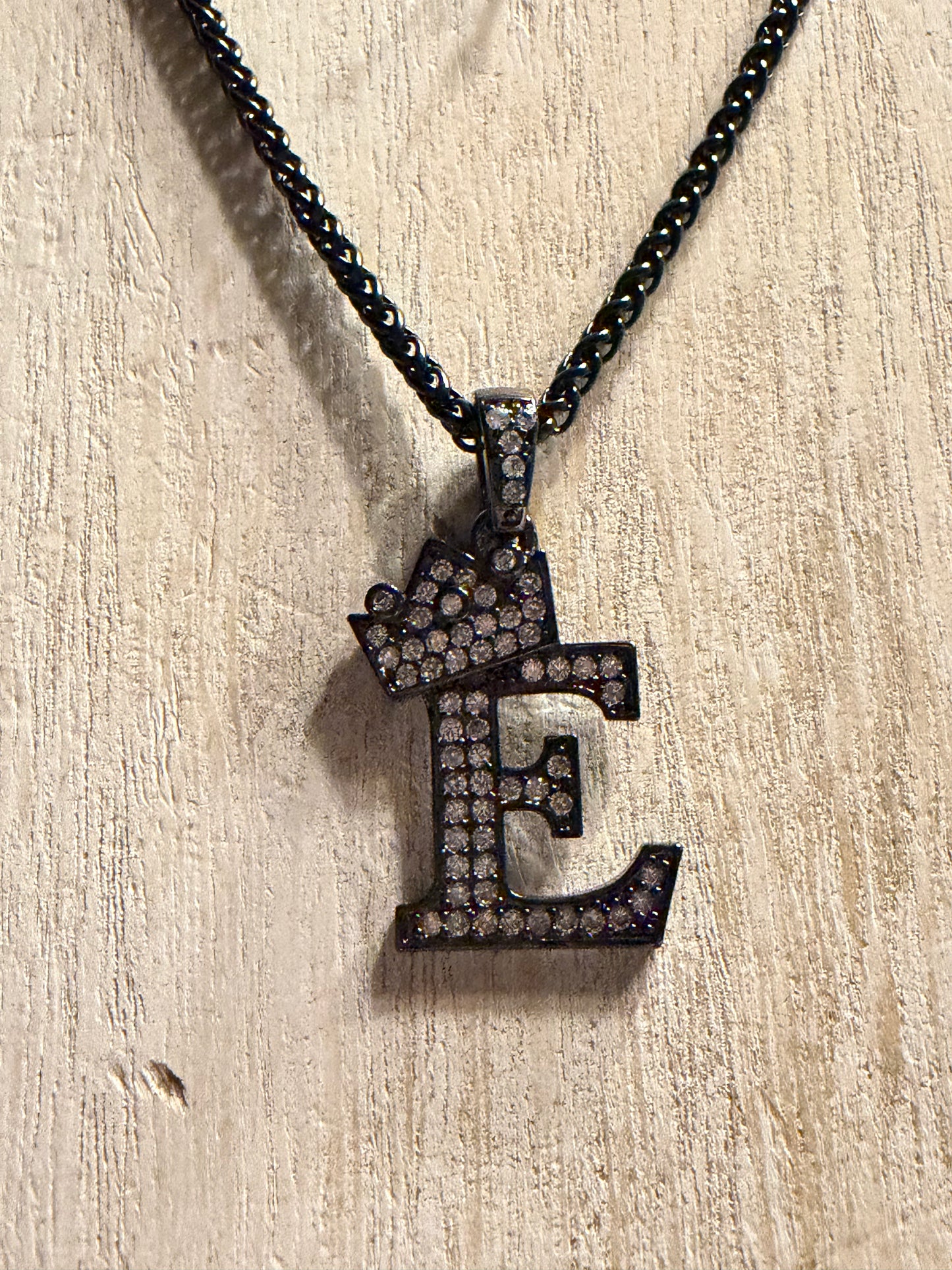 .316 Stainless Steel Black Rhinestone Initial "E" Crown Necklace
