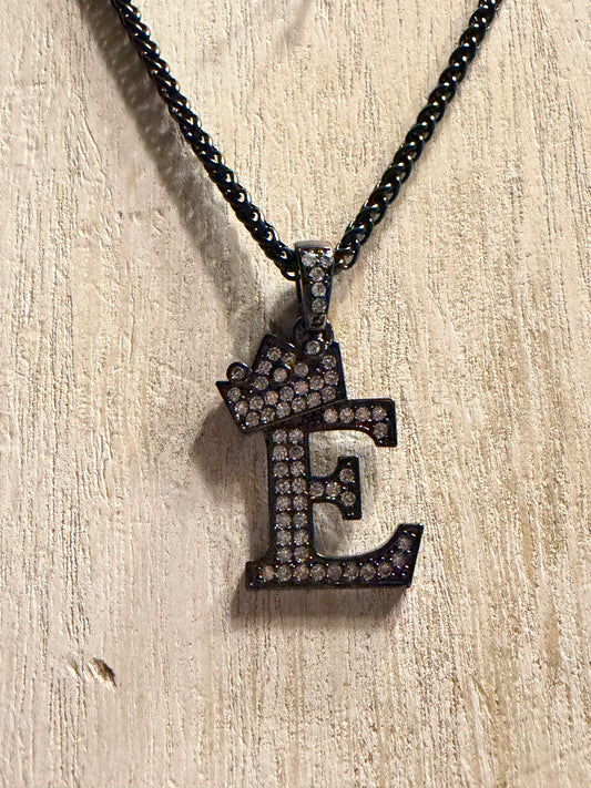 .316 Stainless Steel Black Rhinestone Initial "E" Crown Necklace