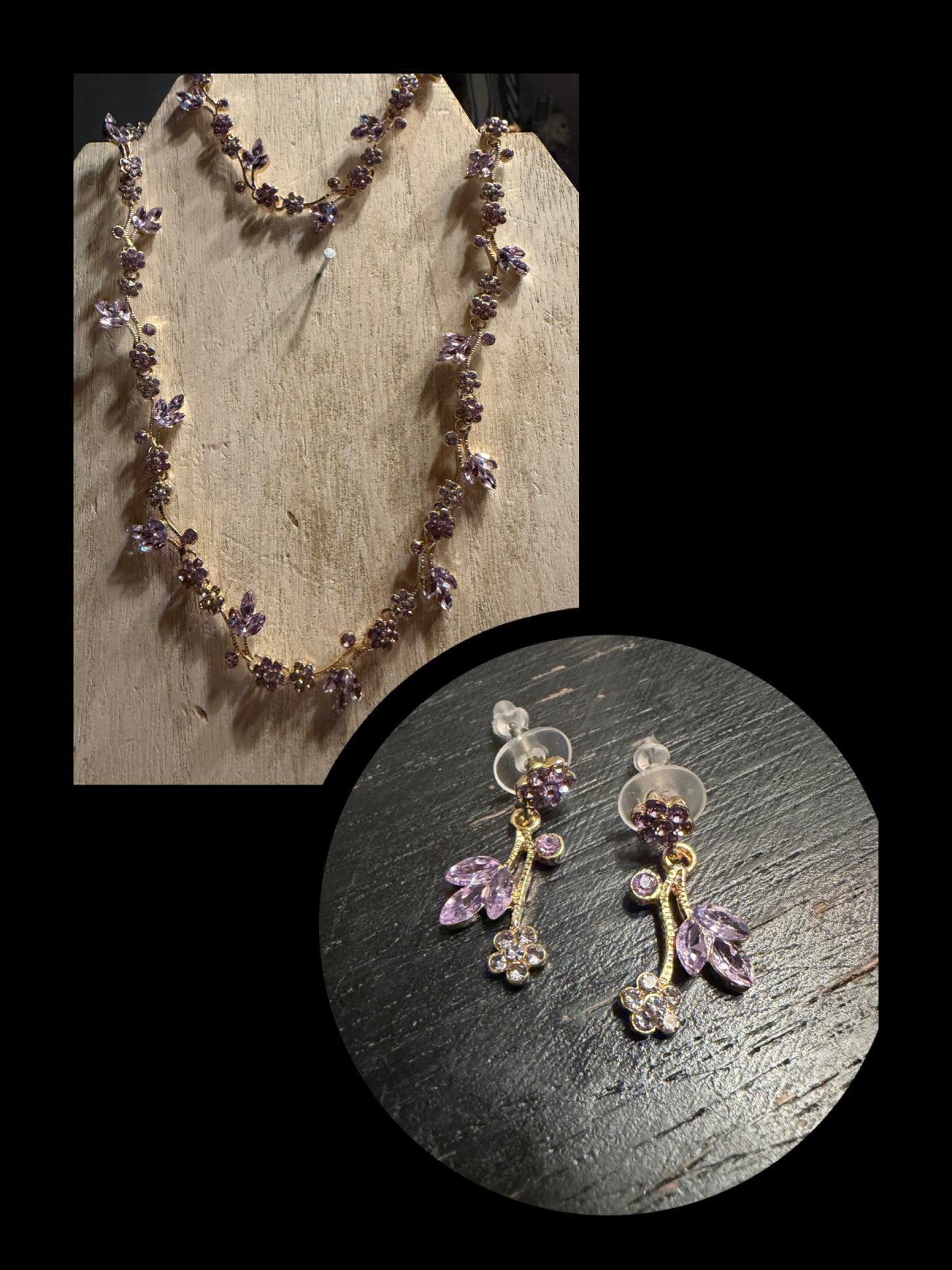 Lavender Crystal Vine Necklace Earrings and Bracelet Set