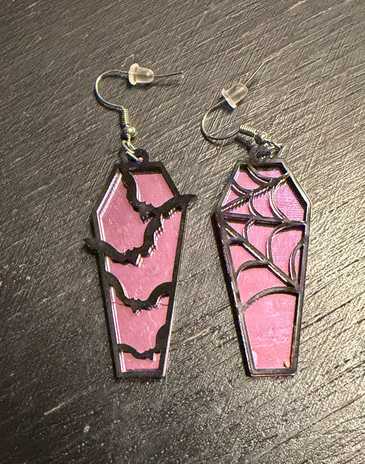Coffin Shaped Mirrored Bat Spiderweb Earrings