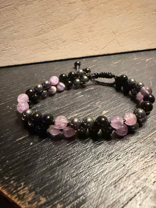 Amythyst, Magnetite and Obsidian Pull-String Bracelet