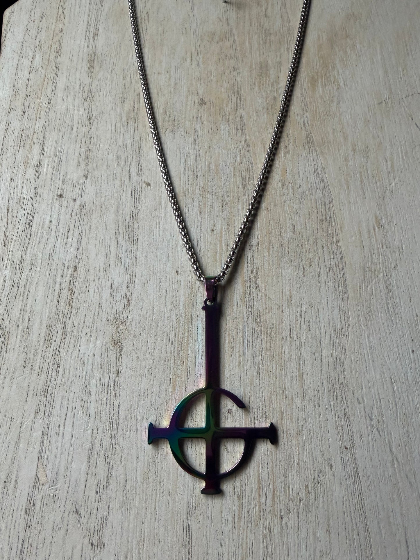 Stainless Steel Oil Slick Ghost Grucifix Necklace