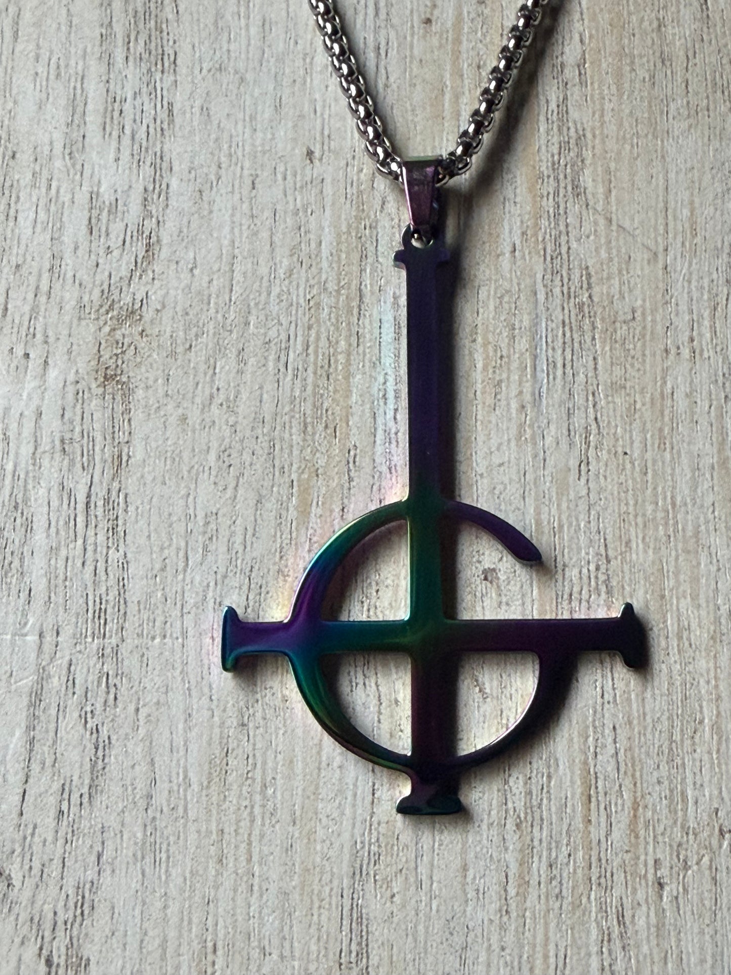 Stainless Steel Oil Slick Ghost Grucifix Necklace