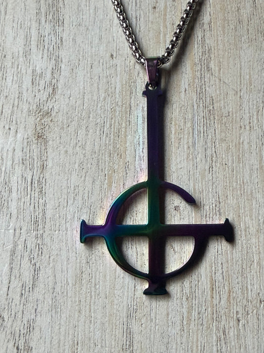 Stainless Steel Oil Slick Ghost Grucifix Necklace