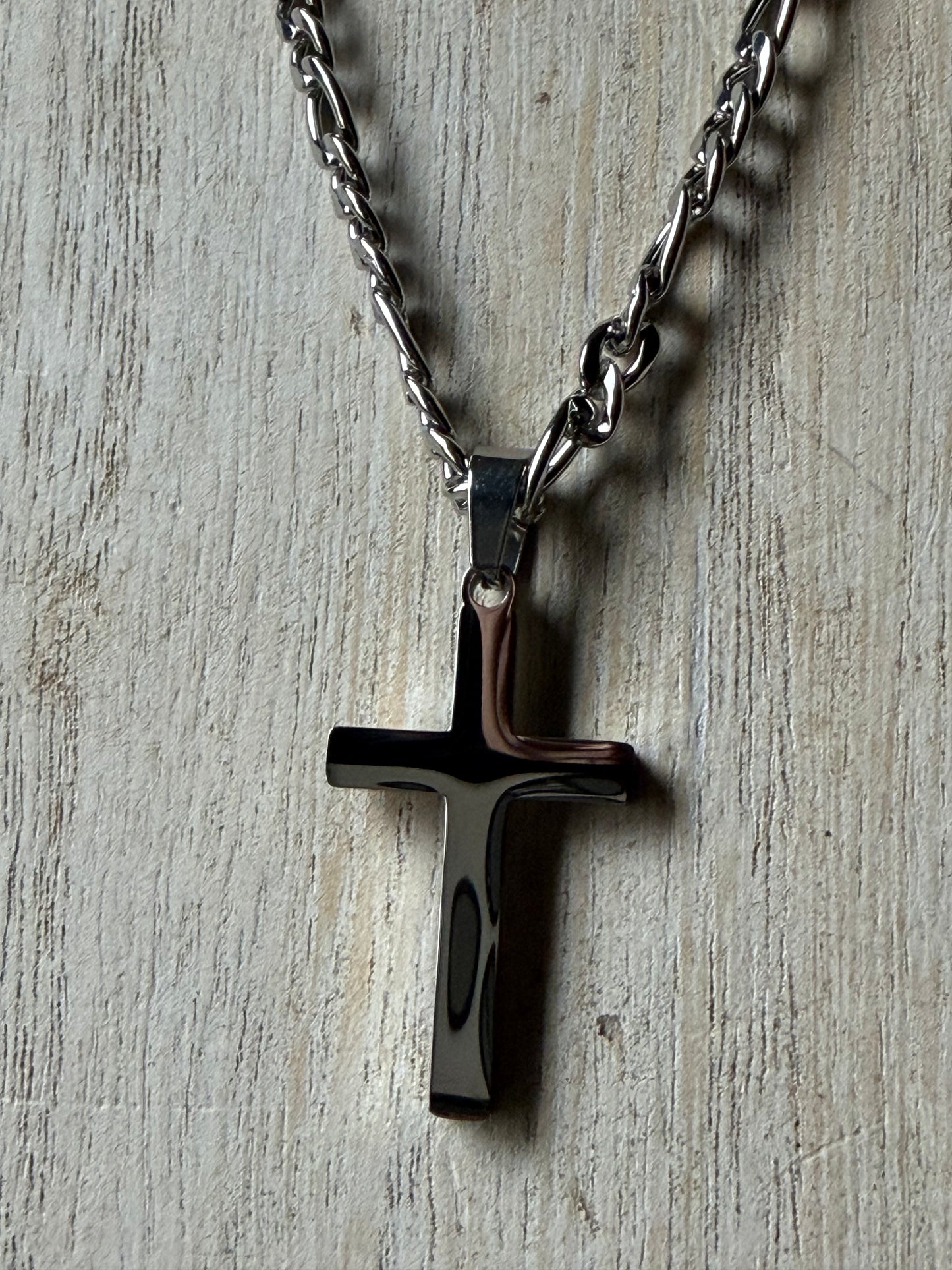 Stainless Steel Figaro Chain Thick Cross Necklace