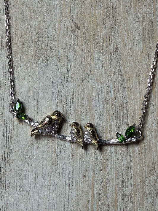 .925 Sterling Silver Chrome Diopside Leaves/Birds/Branch Necklace