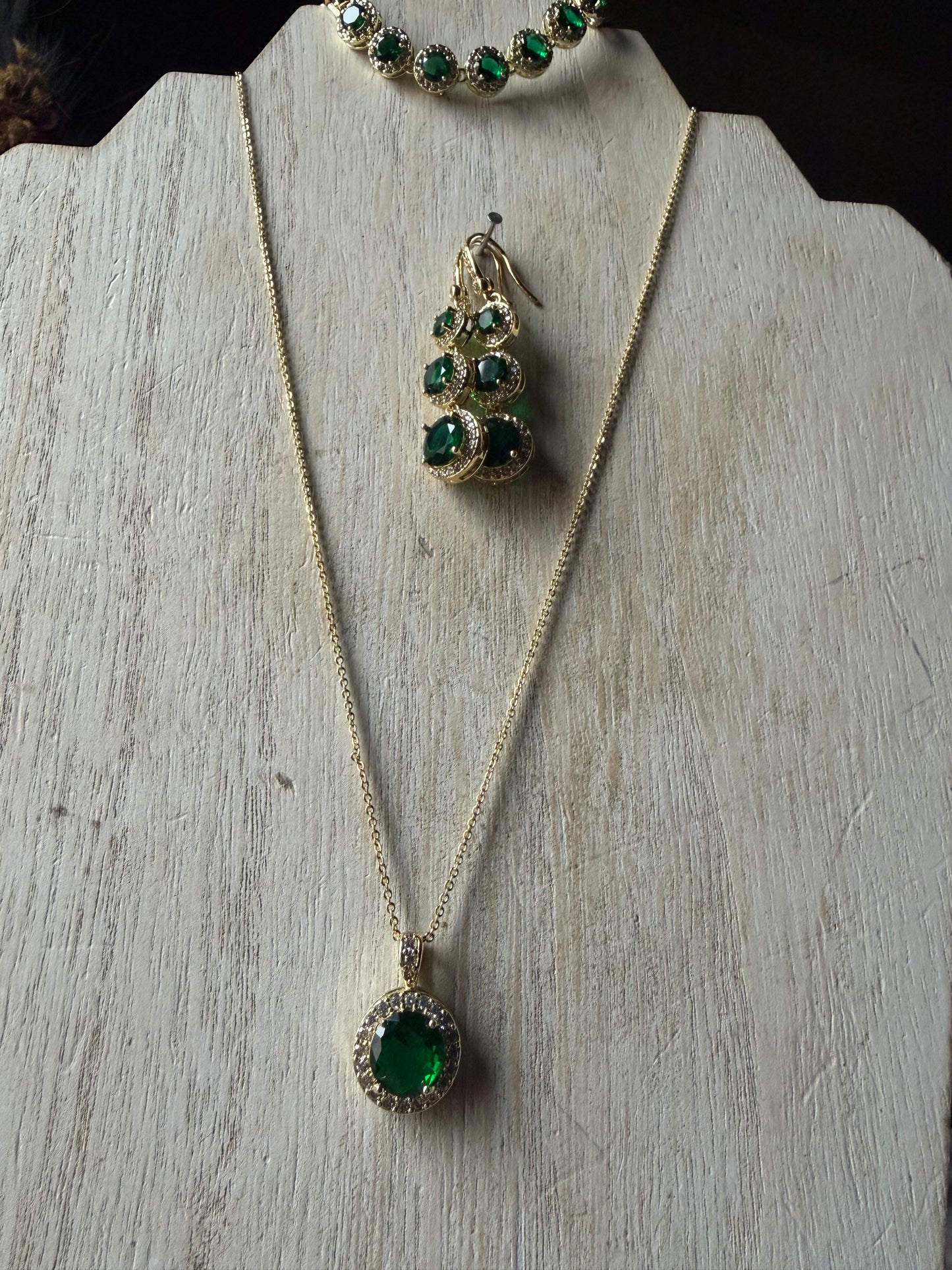 Gold Emerald Statement Necklace, Bracelet and Earrings, and Ring Set