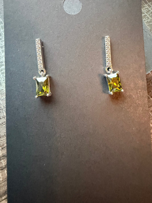 .925 Sterling Silver Bar Set Peridot CZ Crystal Earrings