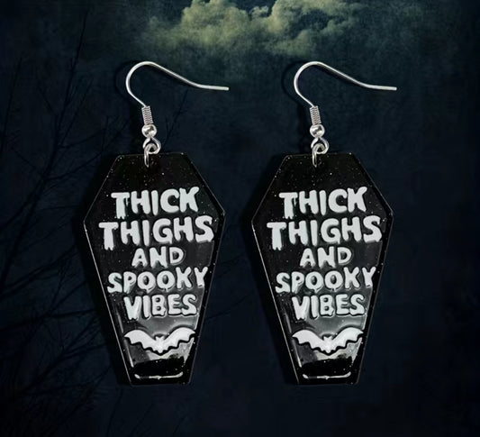 Acrylic Thick Thighs and Spooky Vibes Coffin Earrings