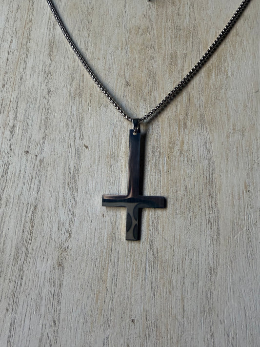 Simple Stainless Steel Inverted Cross Pendant Necklace — Stainless Finish